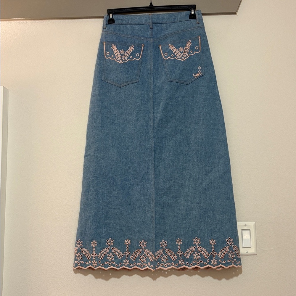 Driftwood Serena Maxi Denim Embroidered Skirt in Pink Promise SZ 28 NWT - Picture 4 of 7